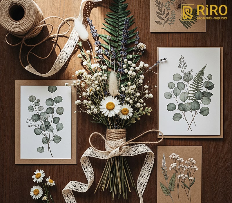 Thiệp cưới rustic kết hợp phông chữ hiện đại