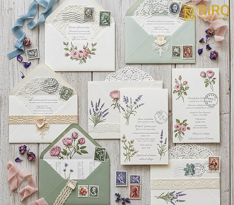 Thiệp cưới vintage đề can hoa/tem thư xưa